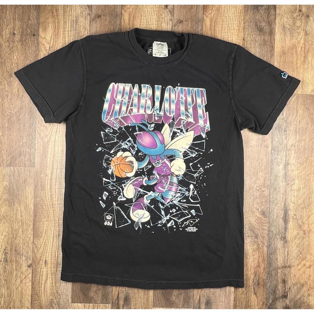 90s Style Retro Charlotte Hornets Basketball NBA Glass Tee Small Black 2016.